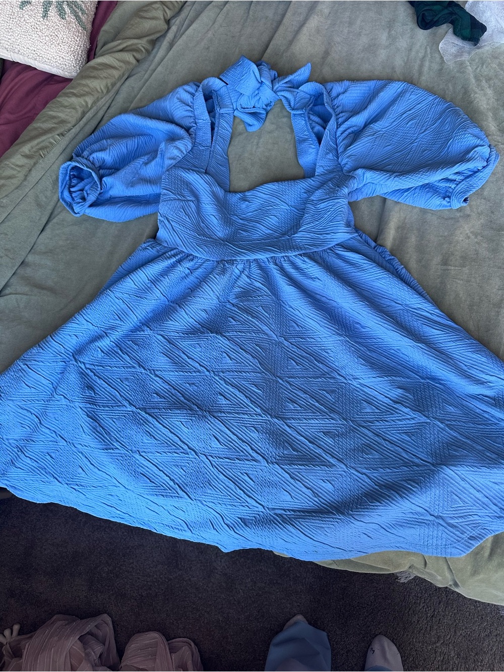 Free People Blue Textured Puff-Sleeve Mini Dress